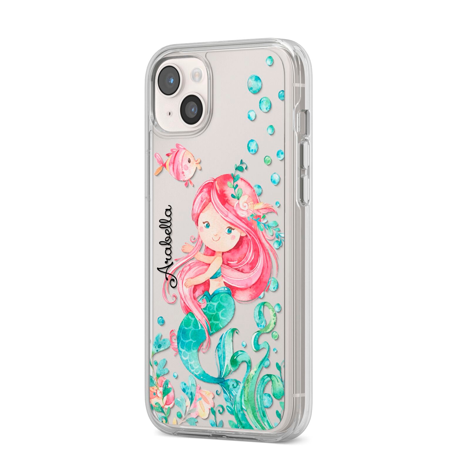 Personalised Mermaid iPhone 14 Plus Clear Tough Case Starlight Angled Image