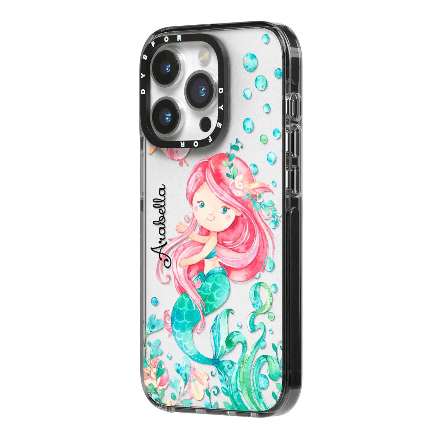 Personalised Mermaid iPhone 14 Pro Black Impact Case Side Angle on Silver phone