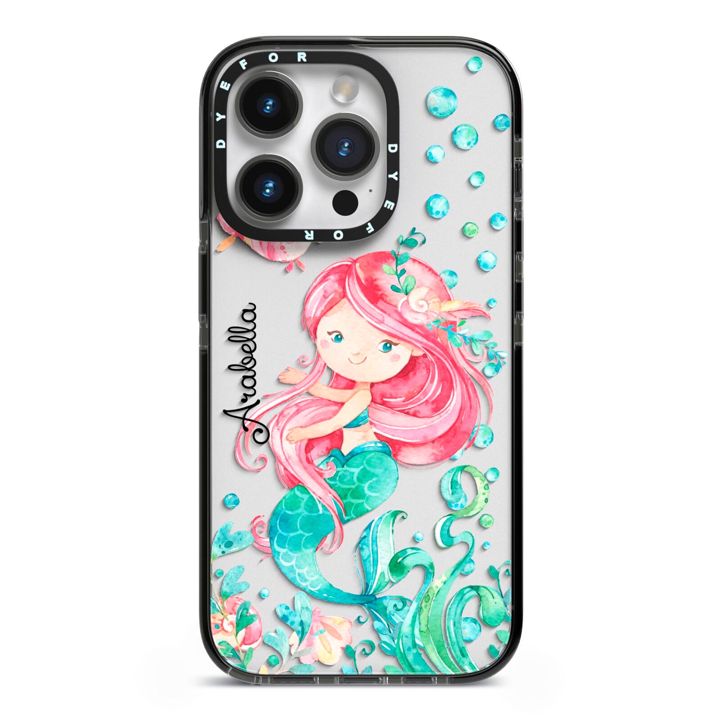 Personalised Mermaid iPhone 14 Pro Black Impact Case on Silver phone