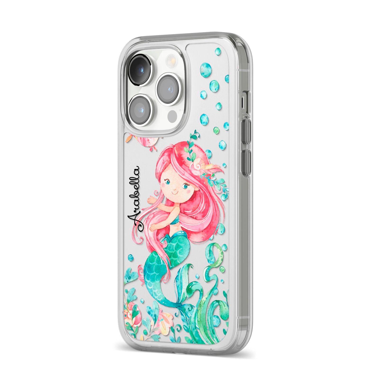 Personalised Mermaid iPhone 14 Pro Clear Tough Case Silver Angled Image
