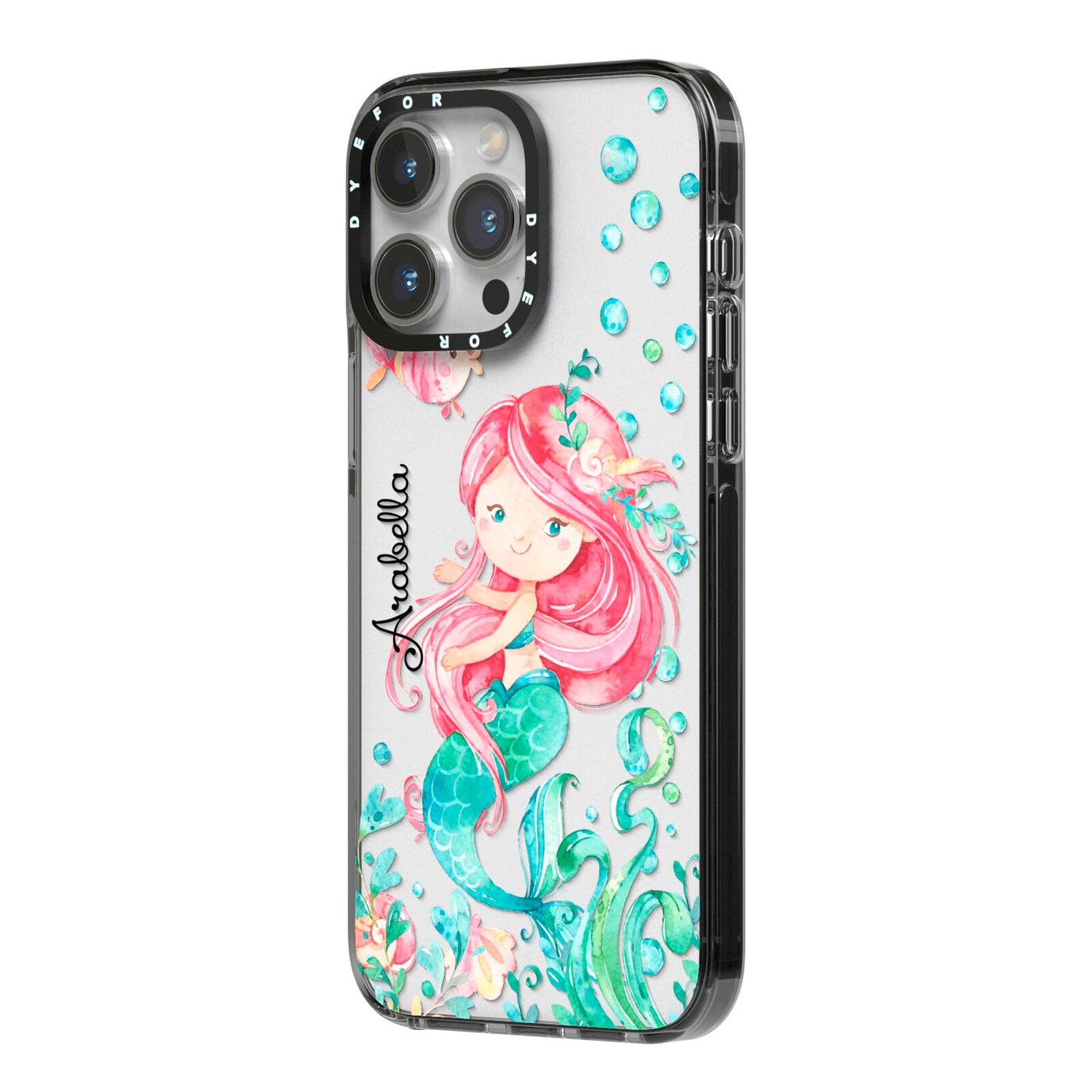 Personalised Mermaid iPhone 14 Pro Max Black Impact Case Side Angle on Silver phone