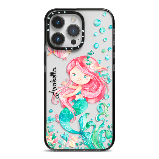 Personalised Mermaid iPhone 14 Pro Max Black Impact Case on Silver phone