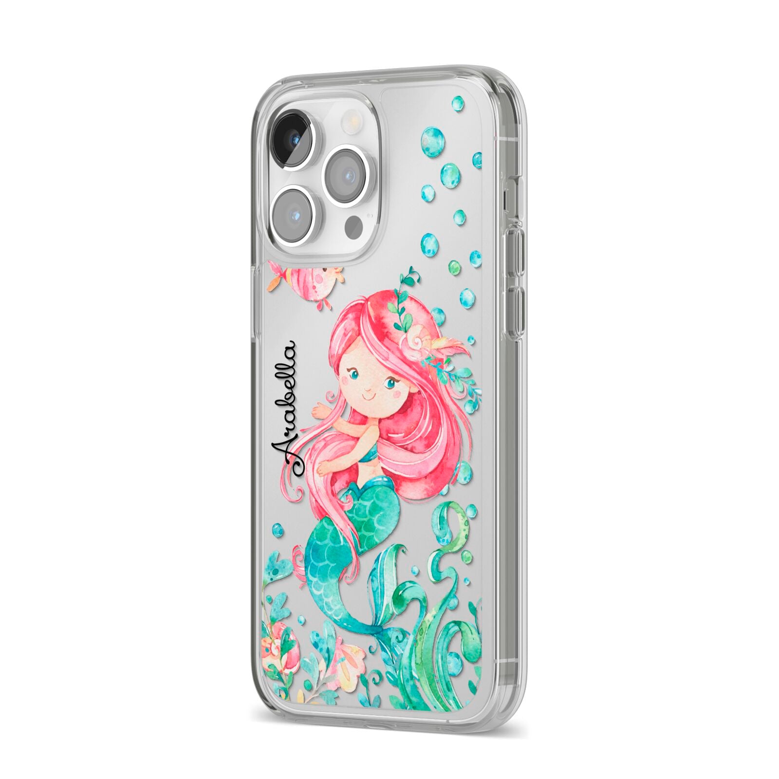 Personalised Mermaid iPhone 14 Pro Max Clear Tough Case Silver Angled Image