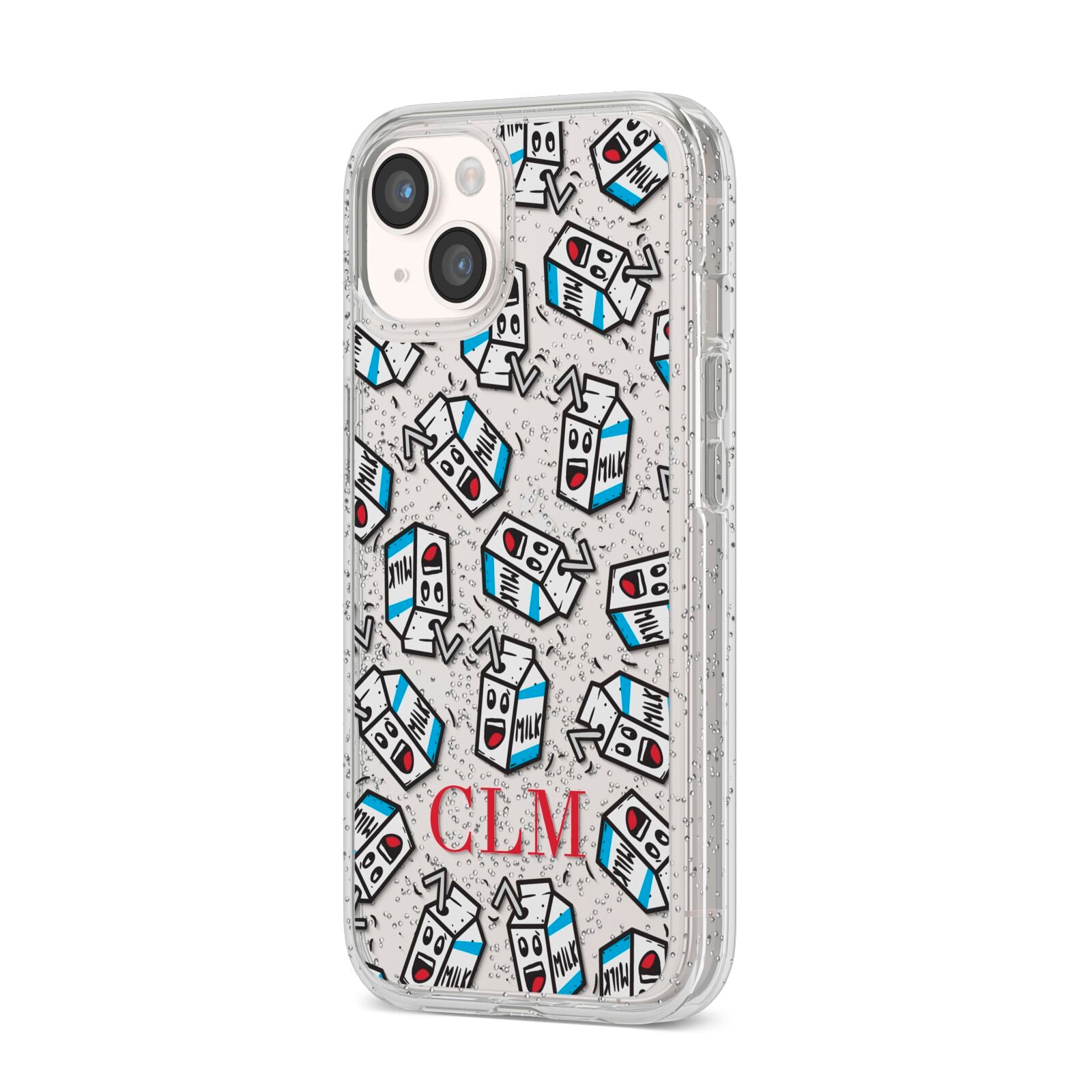 Personalised Milk Carton Initials iPhone 14 Glitter Tough Case Starlight Angled Image