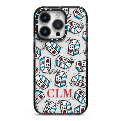 Personalised Milk Carton Initials iPhone 14 Pro Black Impact Case on Silver phone