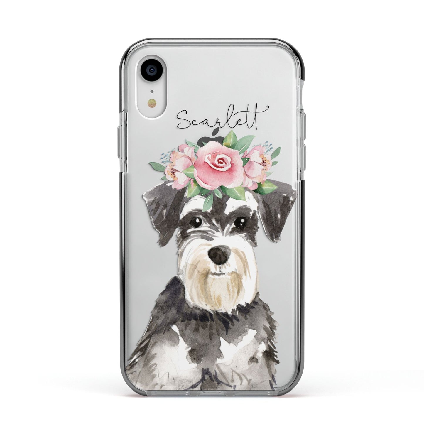 Personalised Miniature Schnauzer Apple iPhone XR Impact Case Black Edge on Silver Phone