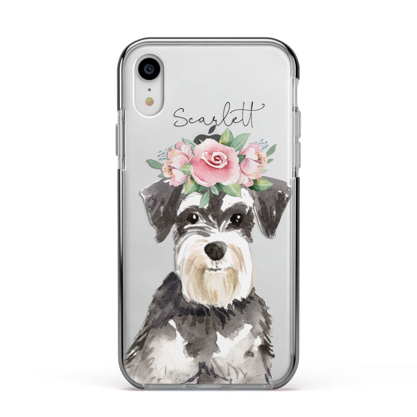 Personalised Miniature Schnauzer Apple iPhone XR Impact Case Black Edge on Silver Phone