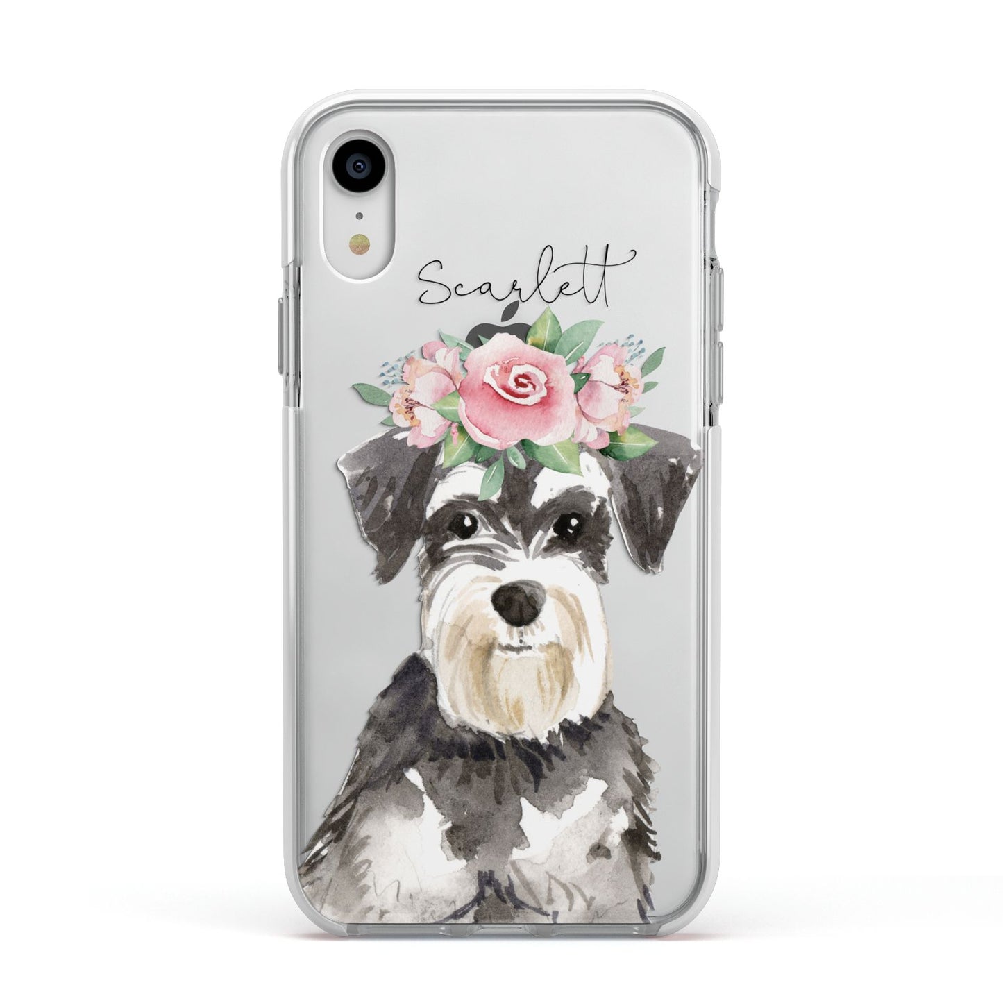 Personalised Miniature Schnauzer Apple iPhone XR Impact Case White Edge on Silver Phone