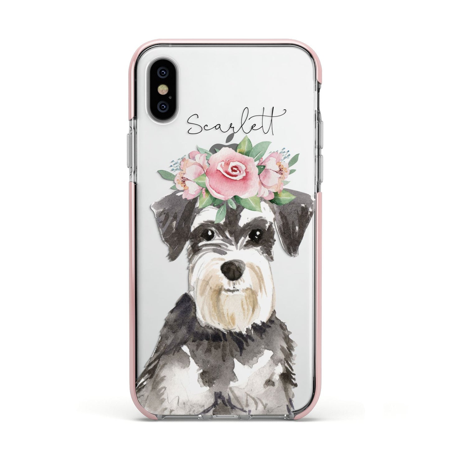 Personalised Miniature Schnauzer Apple iPhone Xs Impact Case Pink Edge on Silver Phone