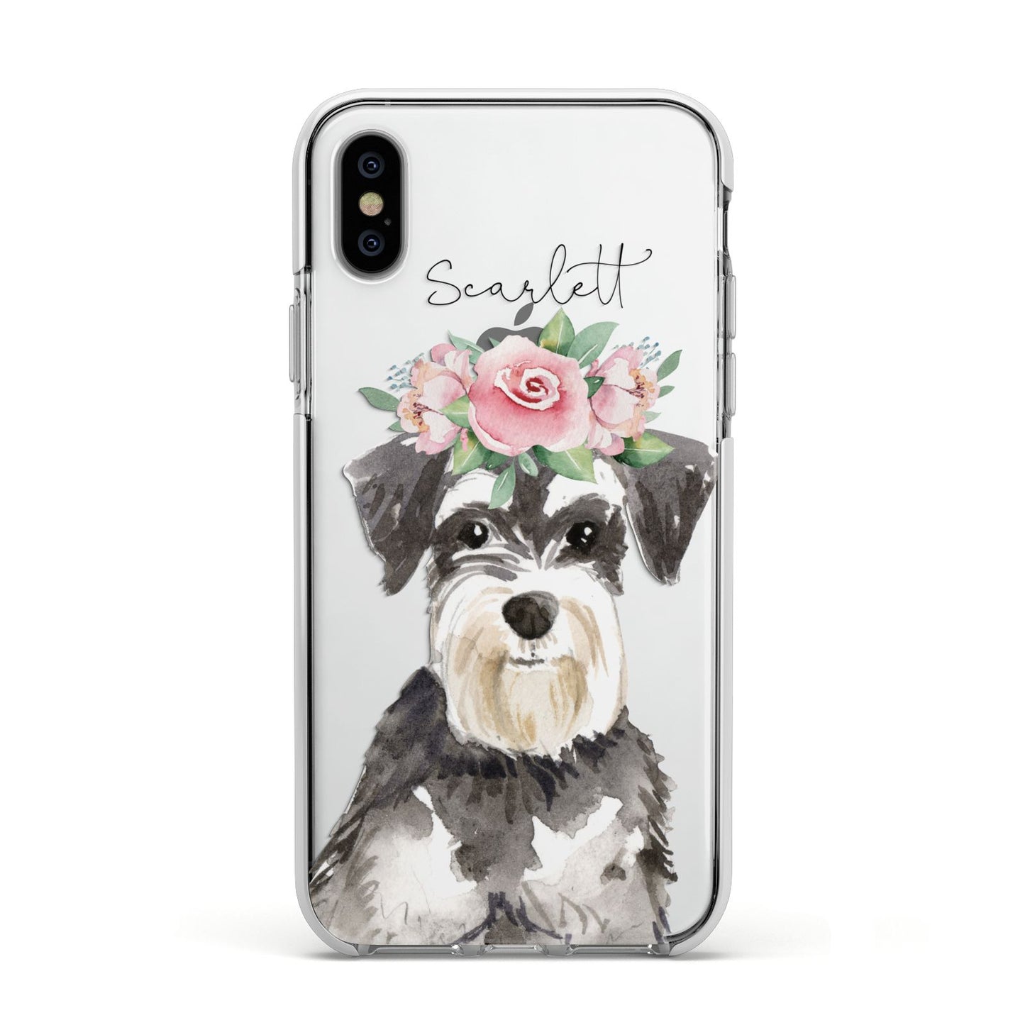 Personalised Miniature Schnauzer Apple iPhone Xs Impact Case White Edge on Silver Phone