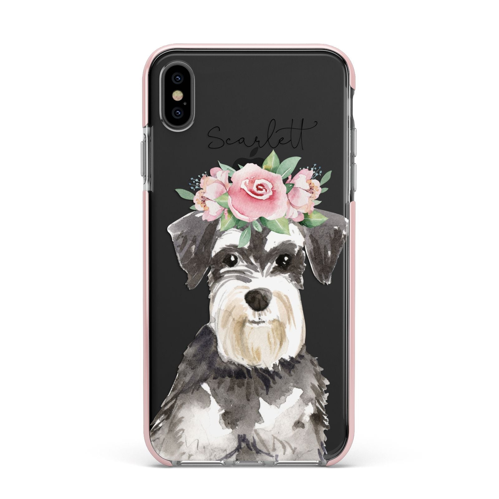 Personalised Miniature Schnauzer Apple iPhone Xs Max Impact Case Pink Edge on Black Phone