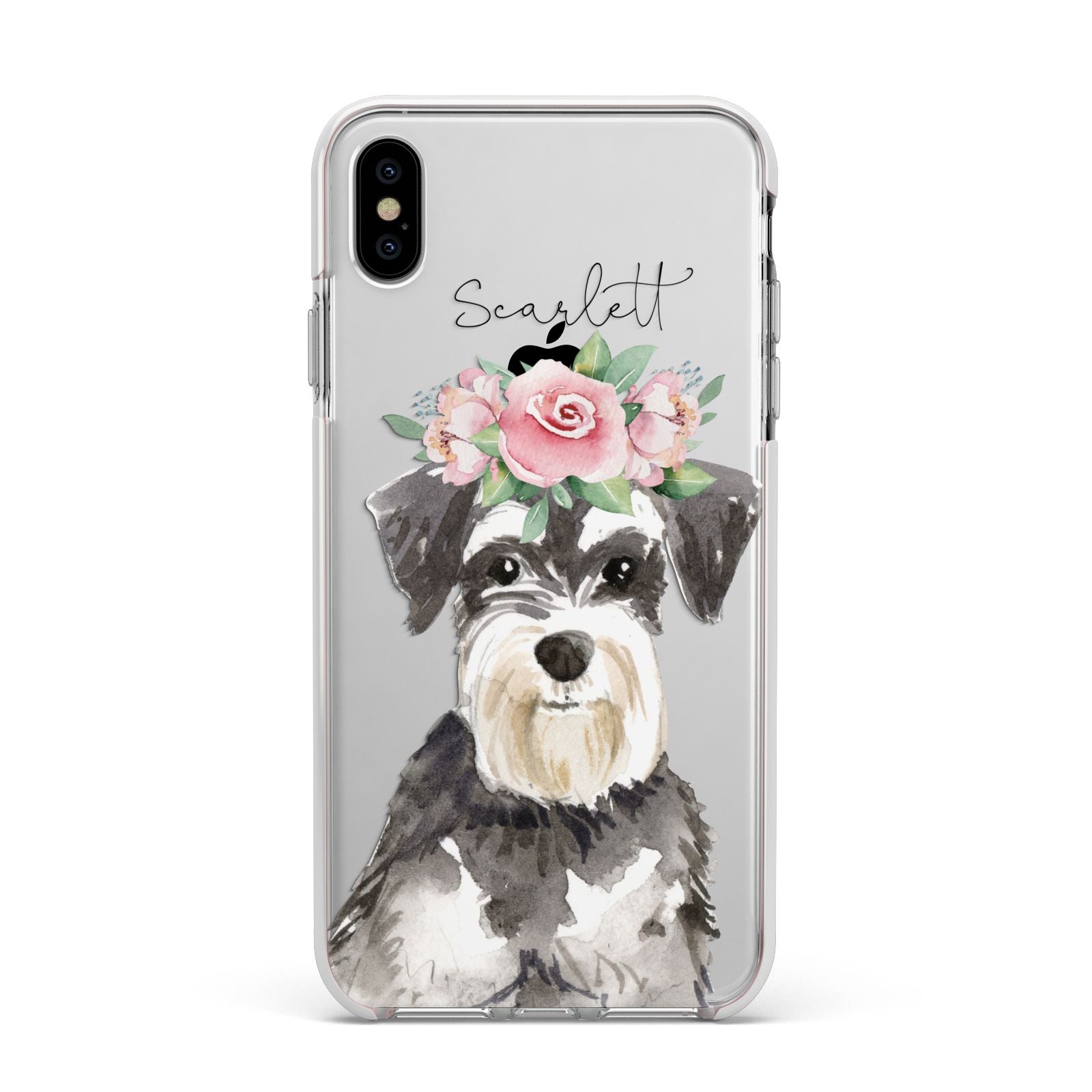 Personalised Miniature Schnauzer Apple iPhone Xs Max Impact Case White Edge on Silver Phone