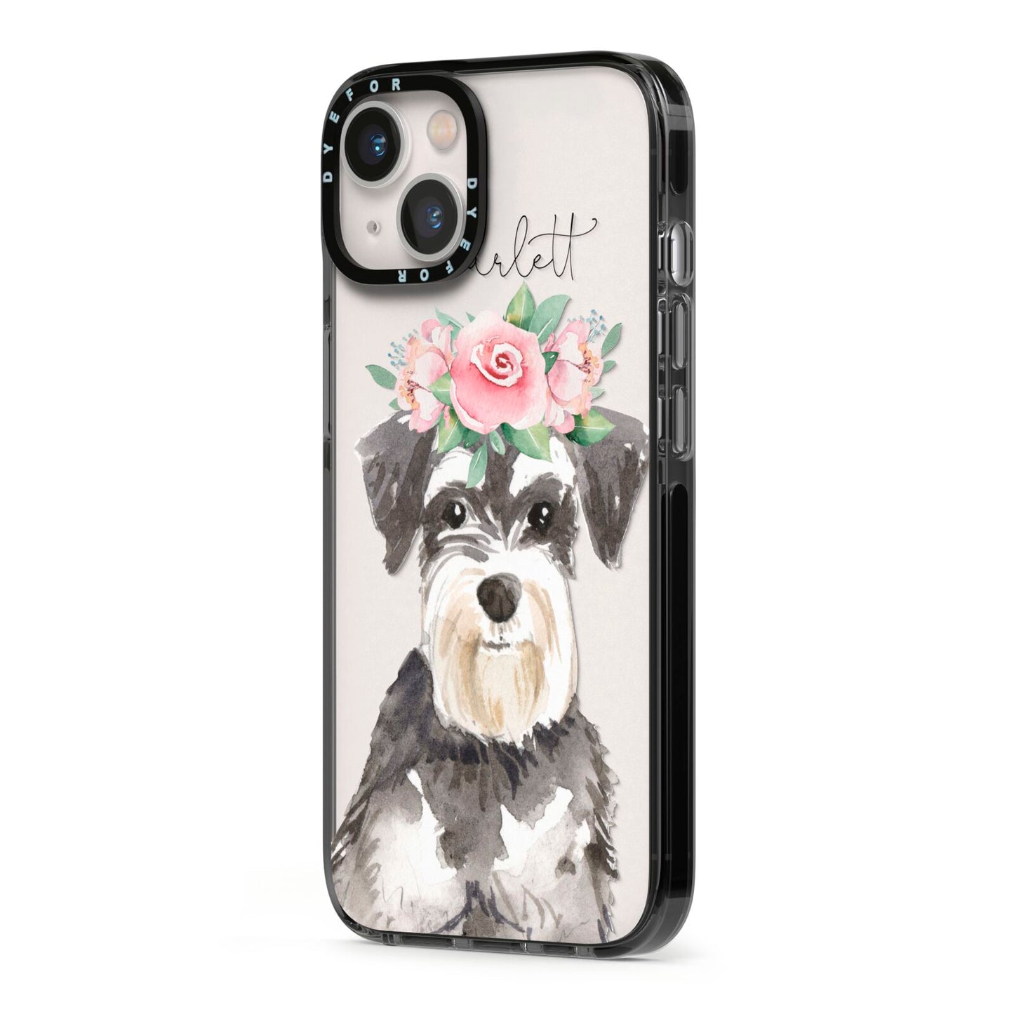 Personalised Miniature Schnauzer iPhone 13 Black Impact Case Side Angle on Silver phone