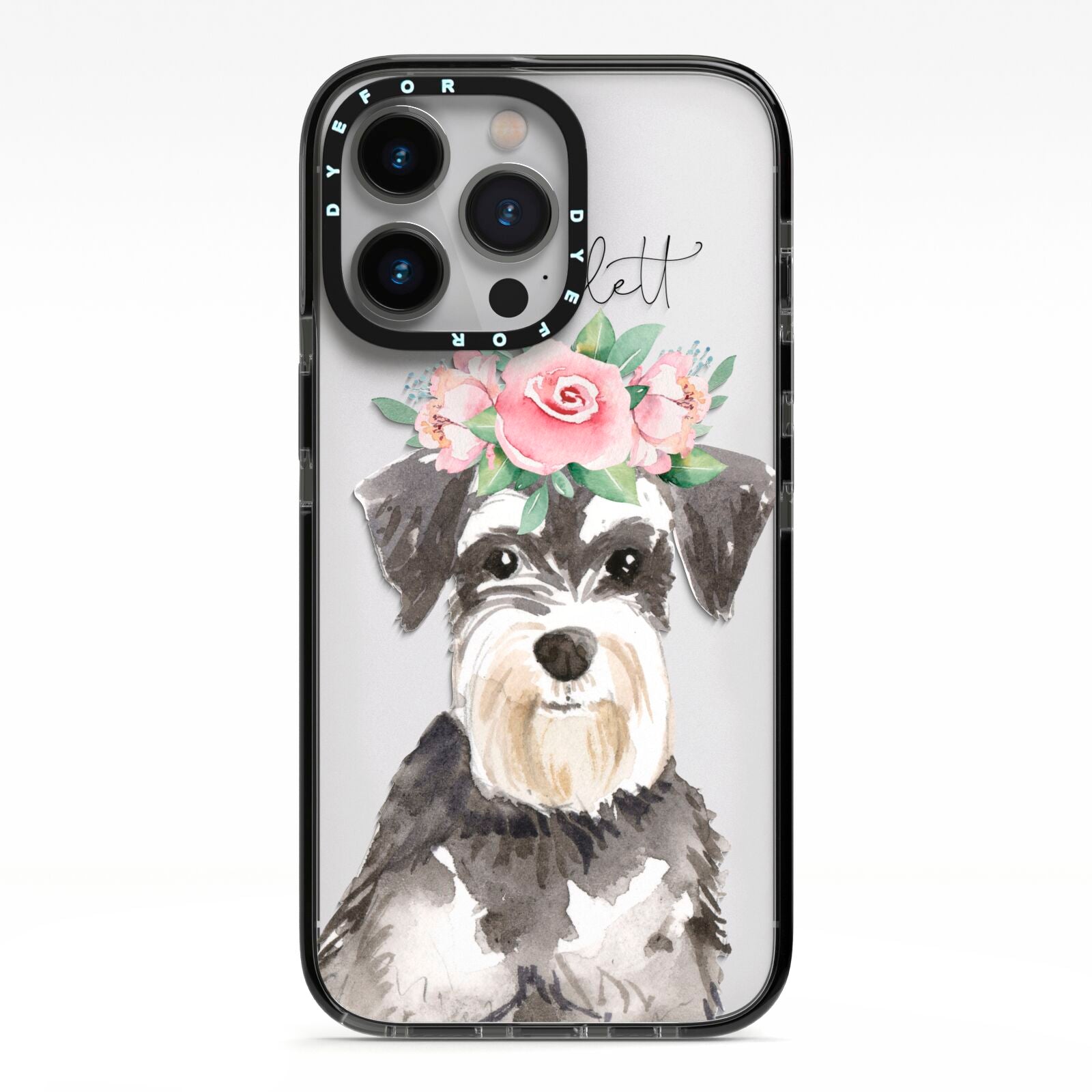 Personalised Miniature Schnauzer iPhone 13 Pro Black Impact Case on Silver phone