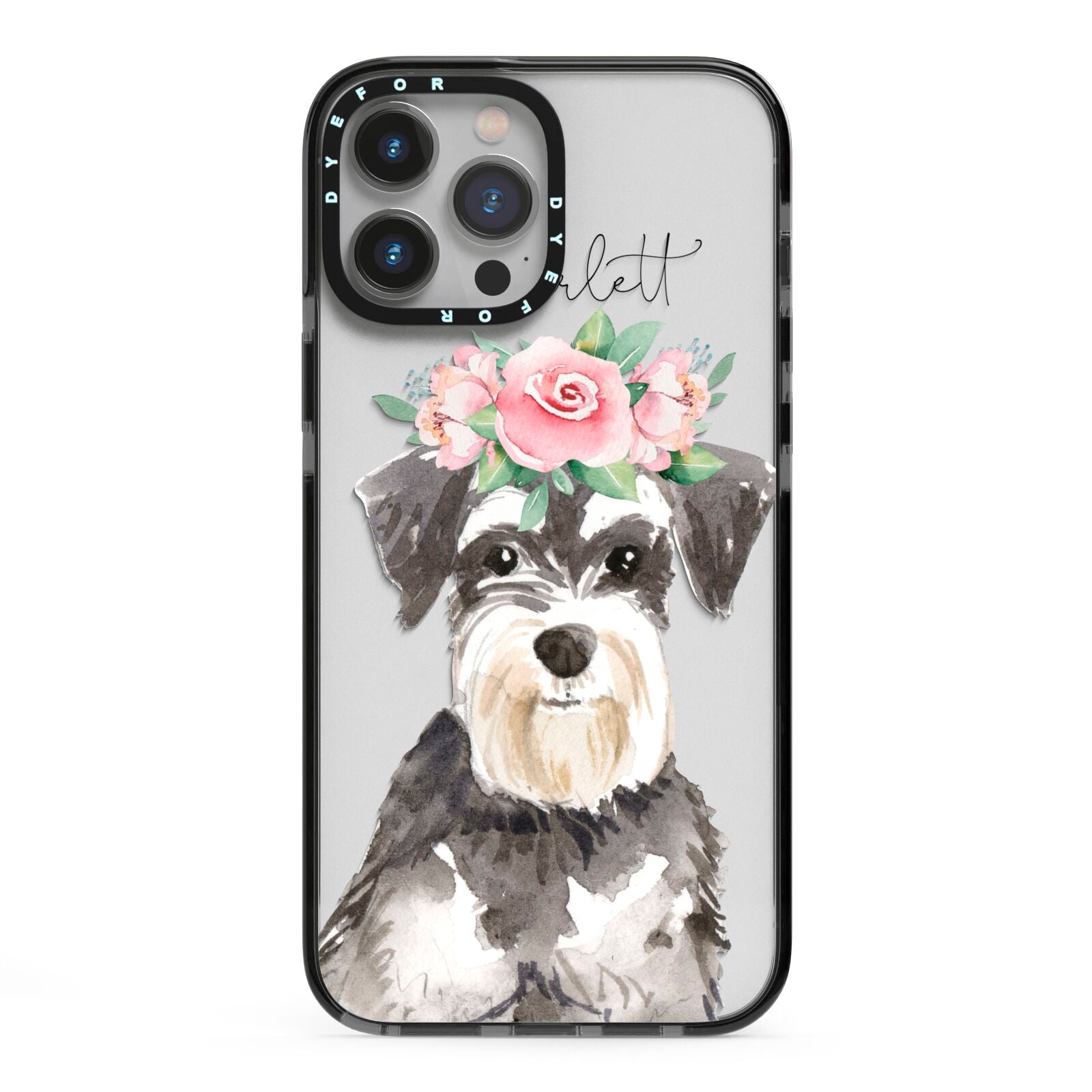 Personalised Miniature Schnauzer iPhone 13 Pro Max Black Impact Case on Silver phone