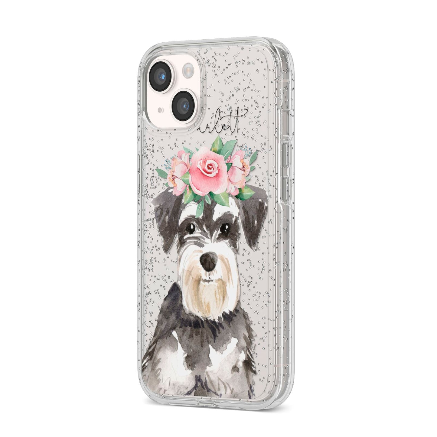 Personalised Miniature Schnauzer iPhone 14 Glitter Tough Case Starlight Angled Image