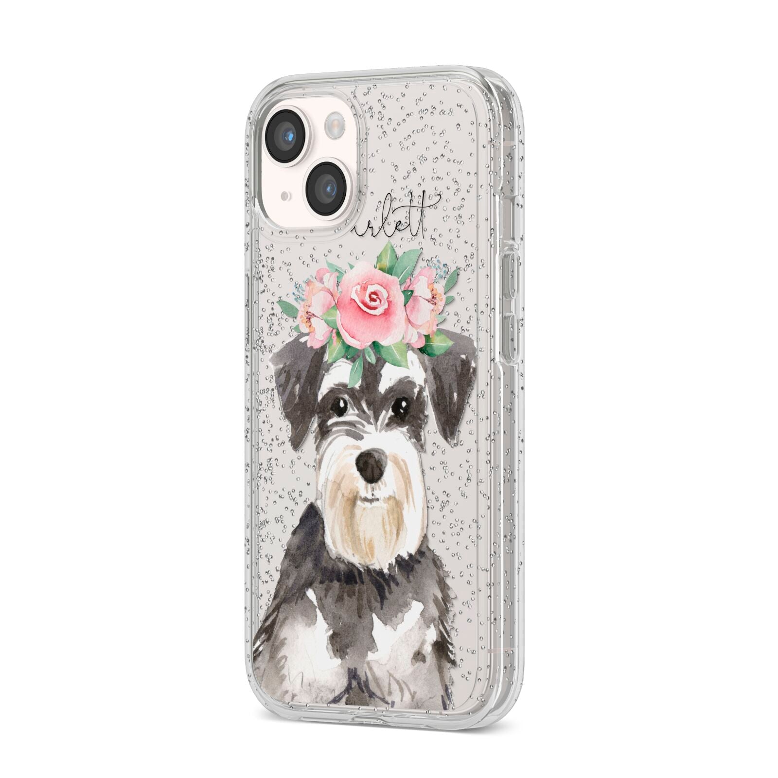 Personalised Miniature Schnauzer iPhone 14 Glitter Tough Case Starlight Angled Image