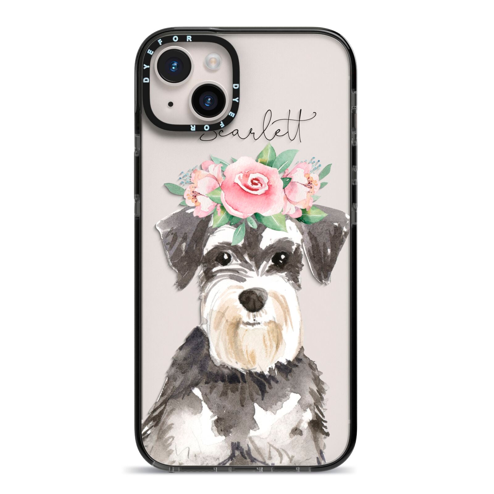 Personalised Miniature Schnauzer iPhone 14 Plus Black Impact Case on Silver phone