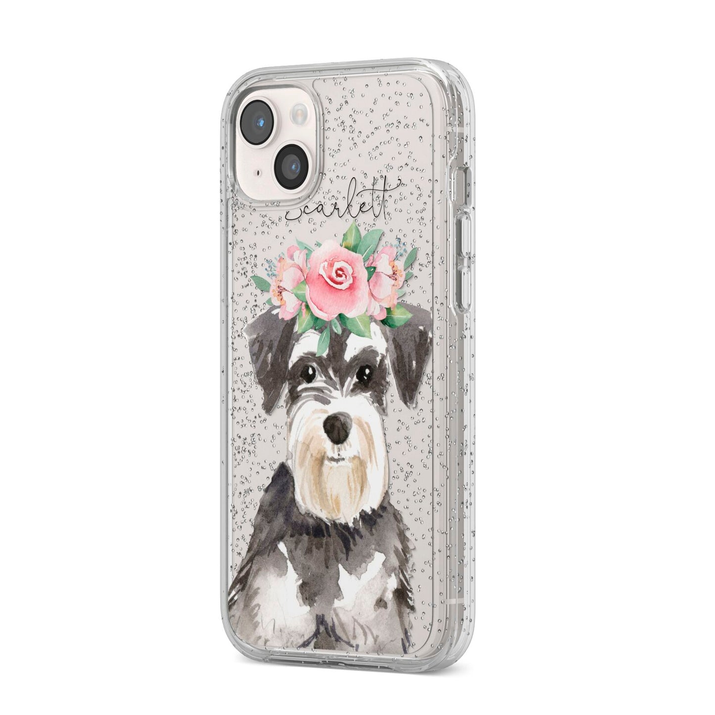 Personalised Miniature Schnauzer iPhone 14 Plus Glitter Tough Case Starlight Angled Image