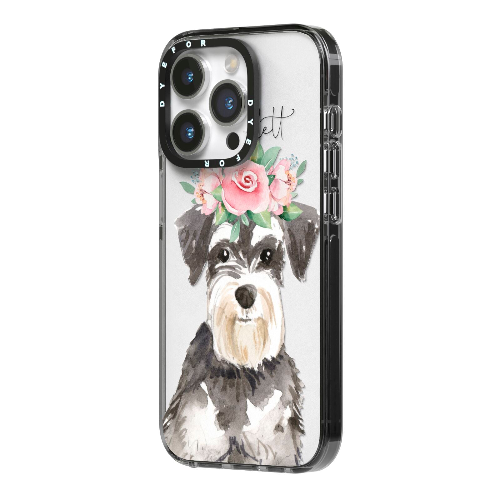Personalised Miniature Schnauzer iPhone 14 Pro Black Impact Case Side Angle on Silver phone