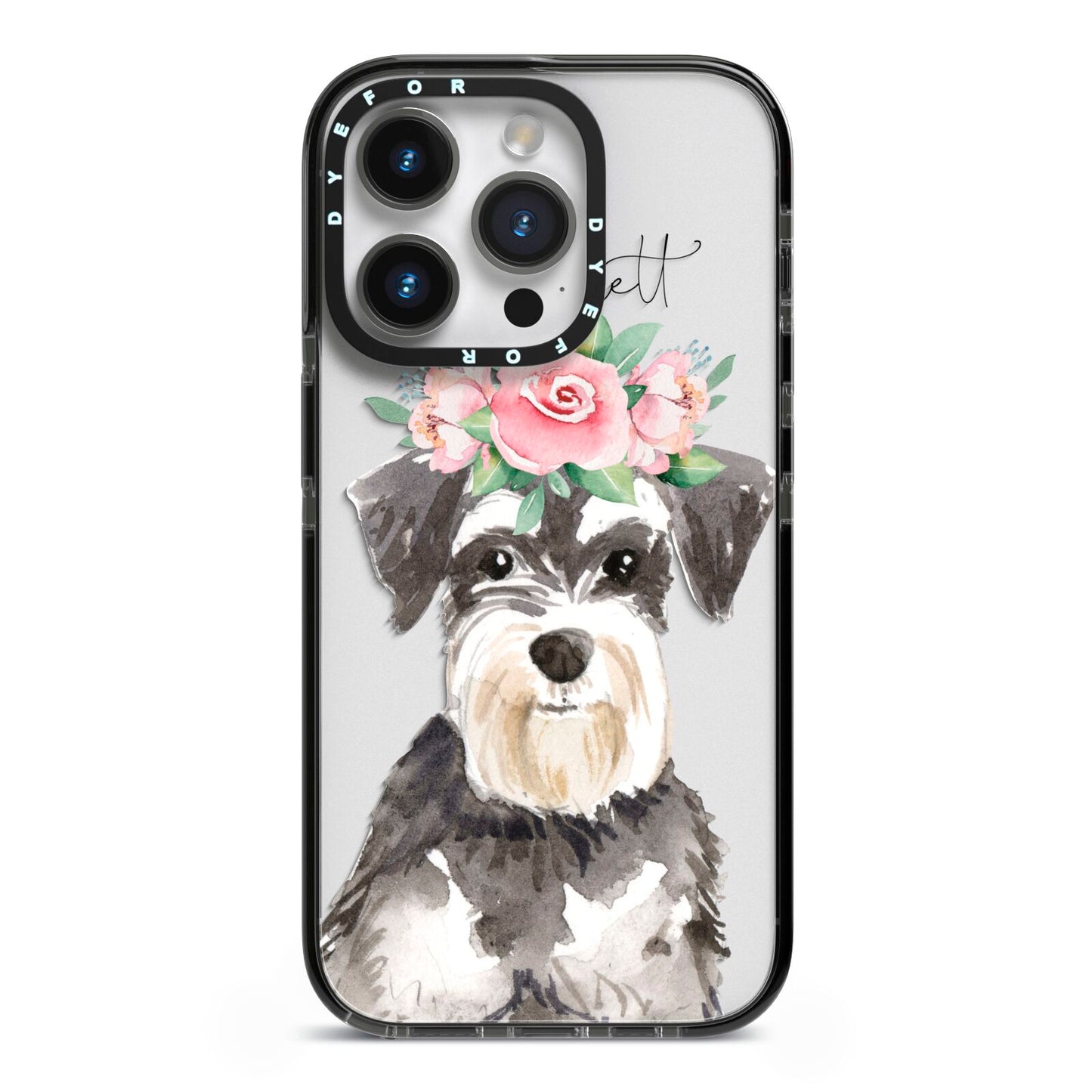 Personalised Miniature Schnauzer iPhone 14 Pro Black Impact Case on Silver phone