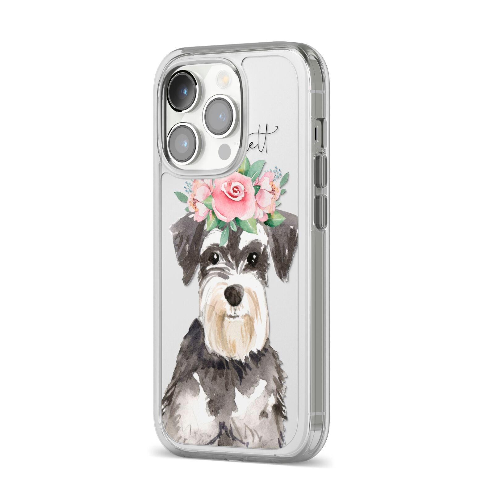 Personalised Miniature Schnauzer iPhone 14 Pro Clear Tough Case Silver Angled Image