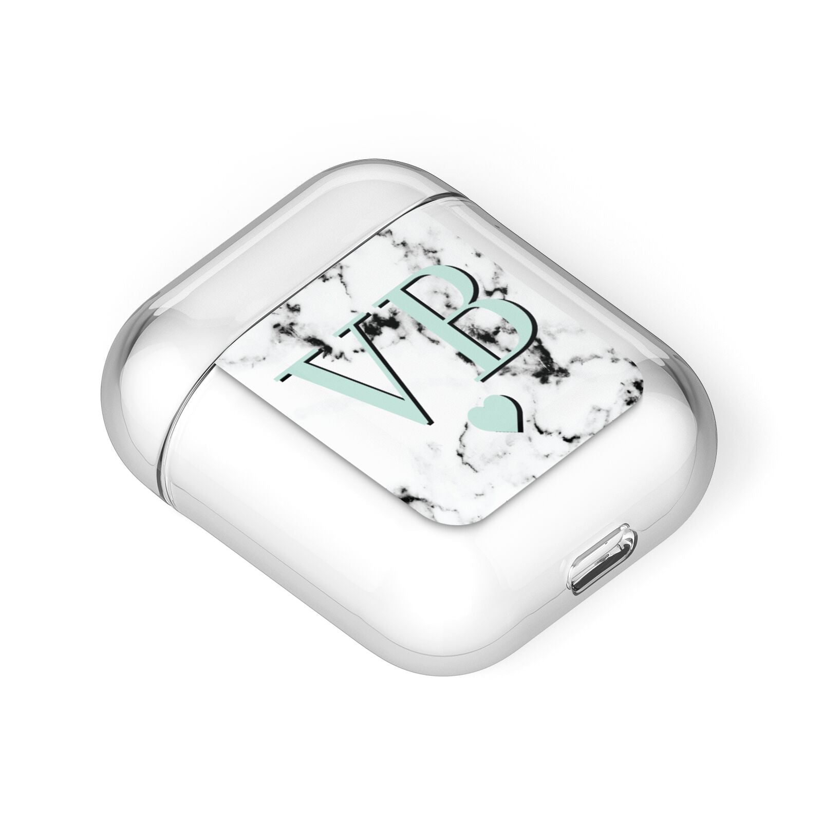 Personalised Mint Initialled Marble Heart AirPods Case Laid Flat