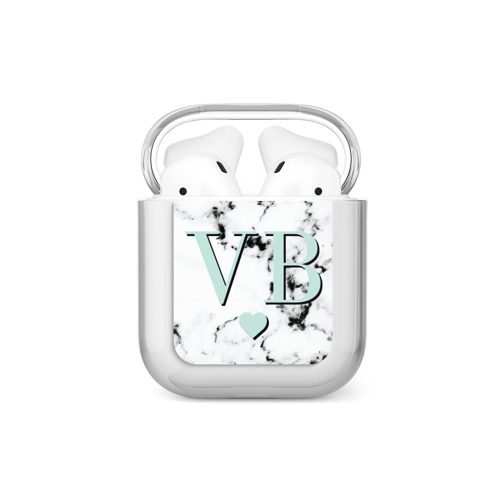 Personalised Mint Initialled Marble Heart AirPods Case