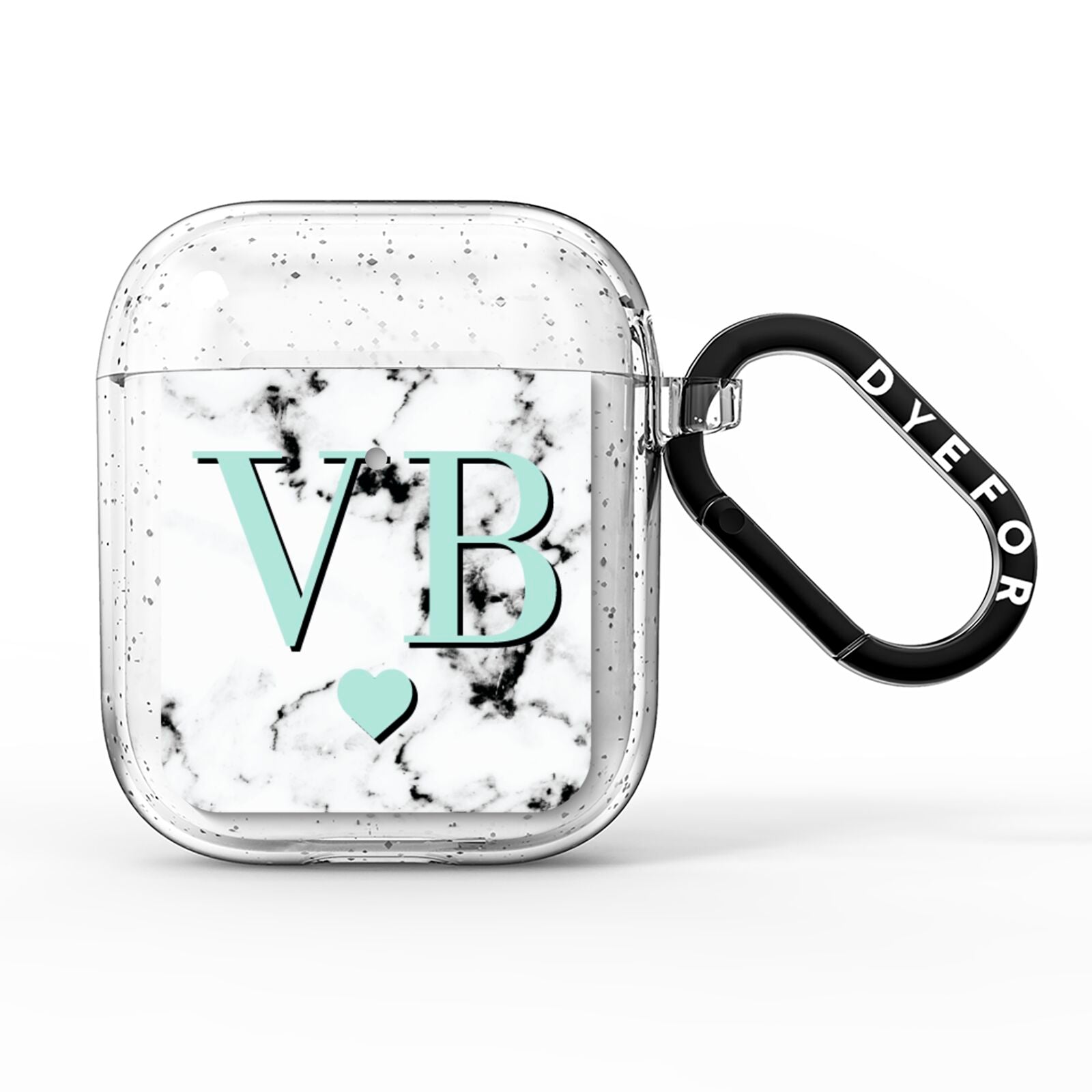 Personalised Mint Initialled Marble Heart AirPods Glitter Case