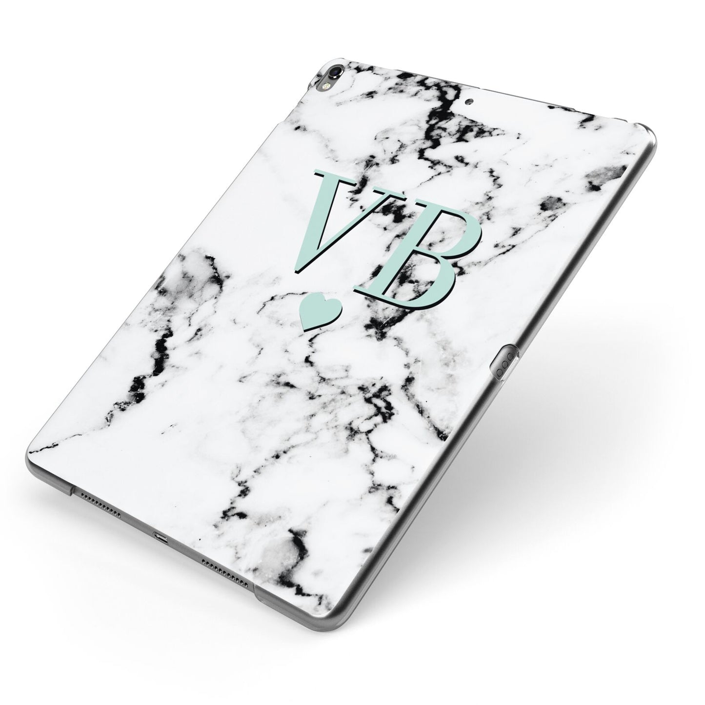 Personalised Mint Initialled Marble Heart Apple iPad Case on Grey iPad Side View