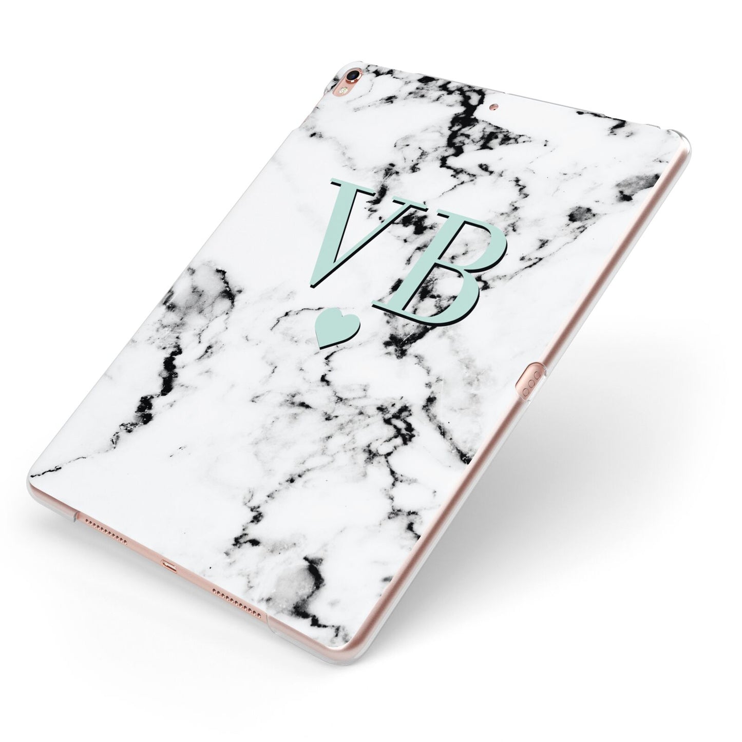 Personalised Mint Initialled Marble Heart Apple iPad Case on Rose Gold iPad Side View