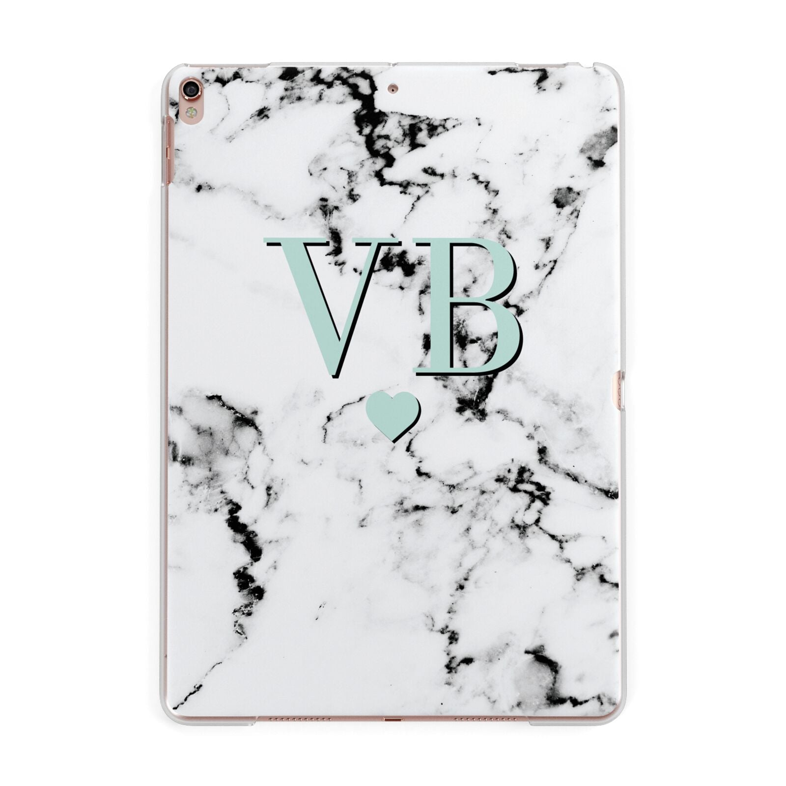 Personalised Mint Initialled Marble Heart Apple iPad Rose Gold Case