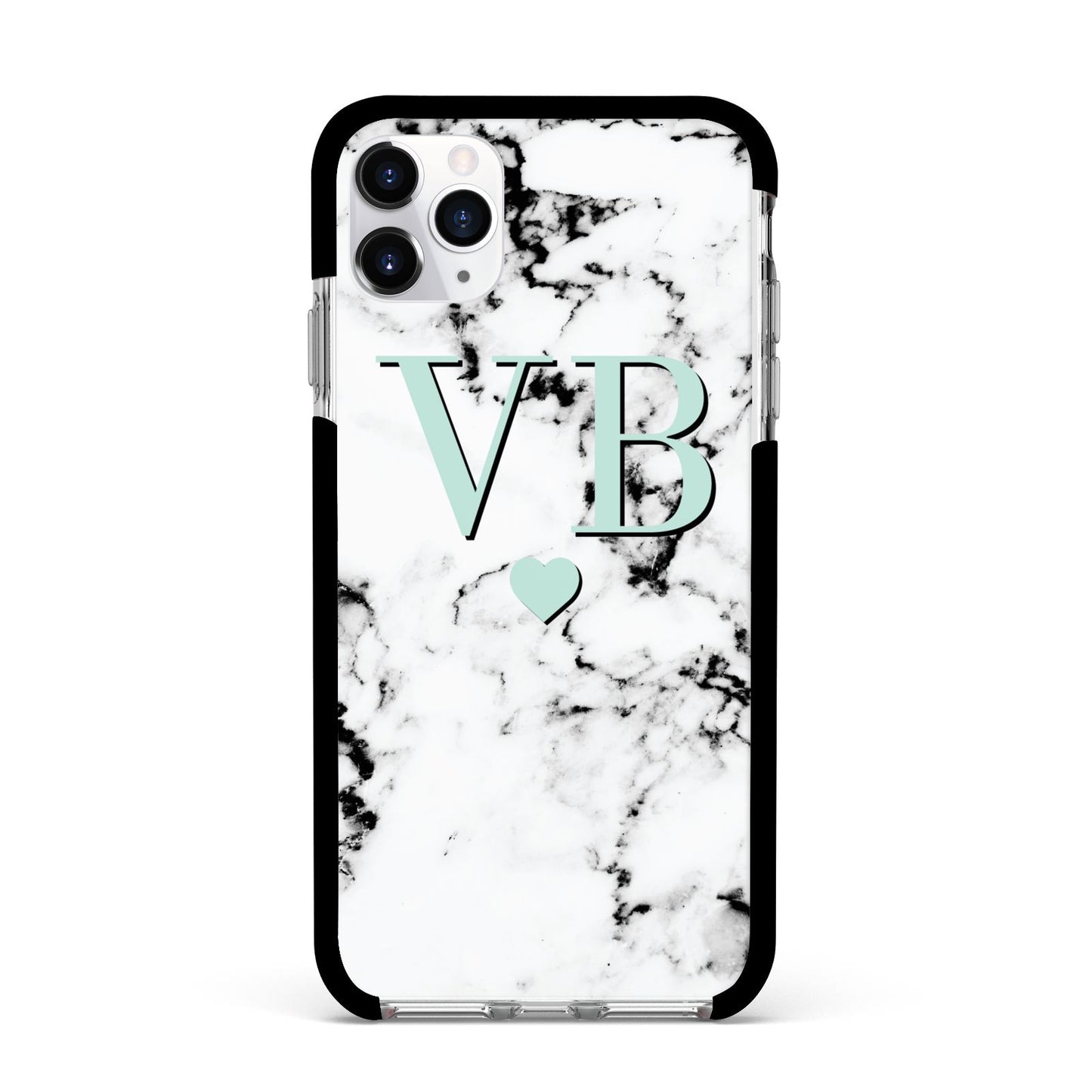 Personalised Mint Initialled Marble Heart Apple iPhone 11 Pro Max in Silver with Black Impact Case