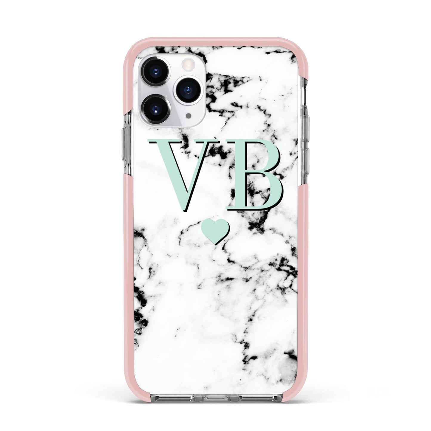 Personalised Mint Initialled Marble Heart Apple iPhone 11 Pro in Silver with Pink Impact Case
