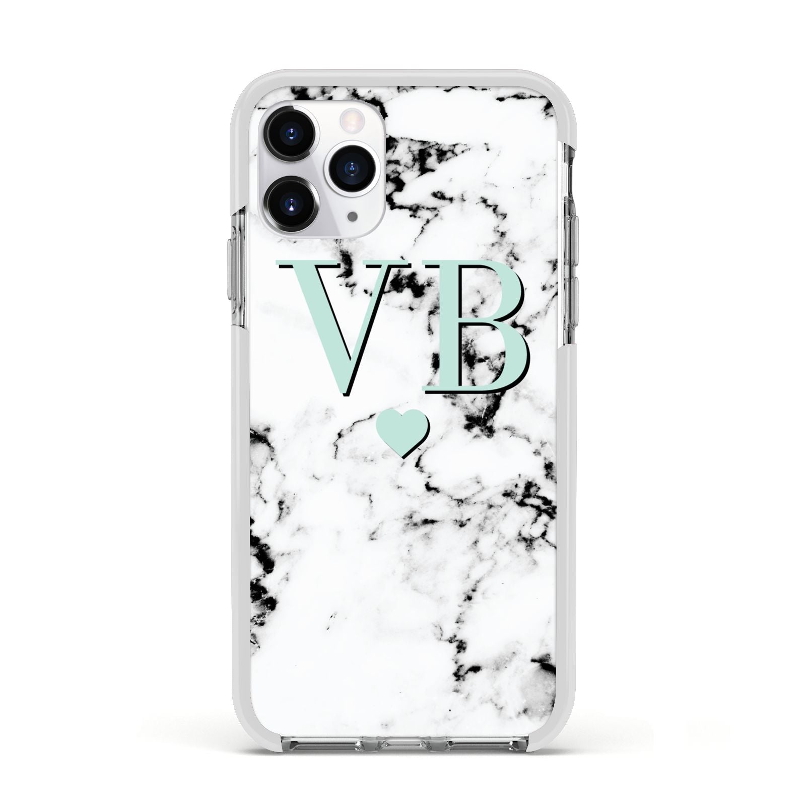 Personalised Mint Initialled Marble Heart Apple iPhone 11 Pro in Silver with White Impact Case