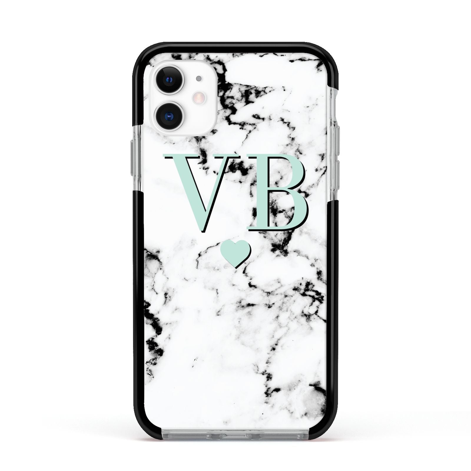 Personalised Mint Initialled Marble Heart Apple iPhone 11 in White with Black Impact Case