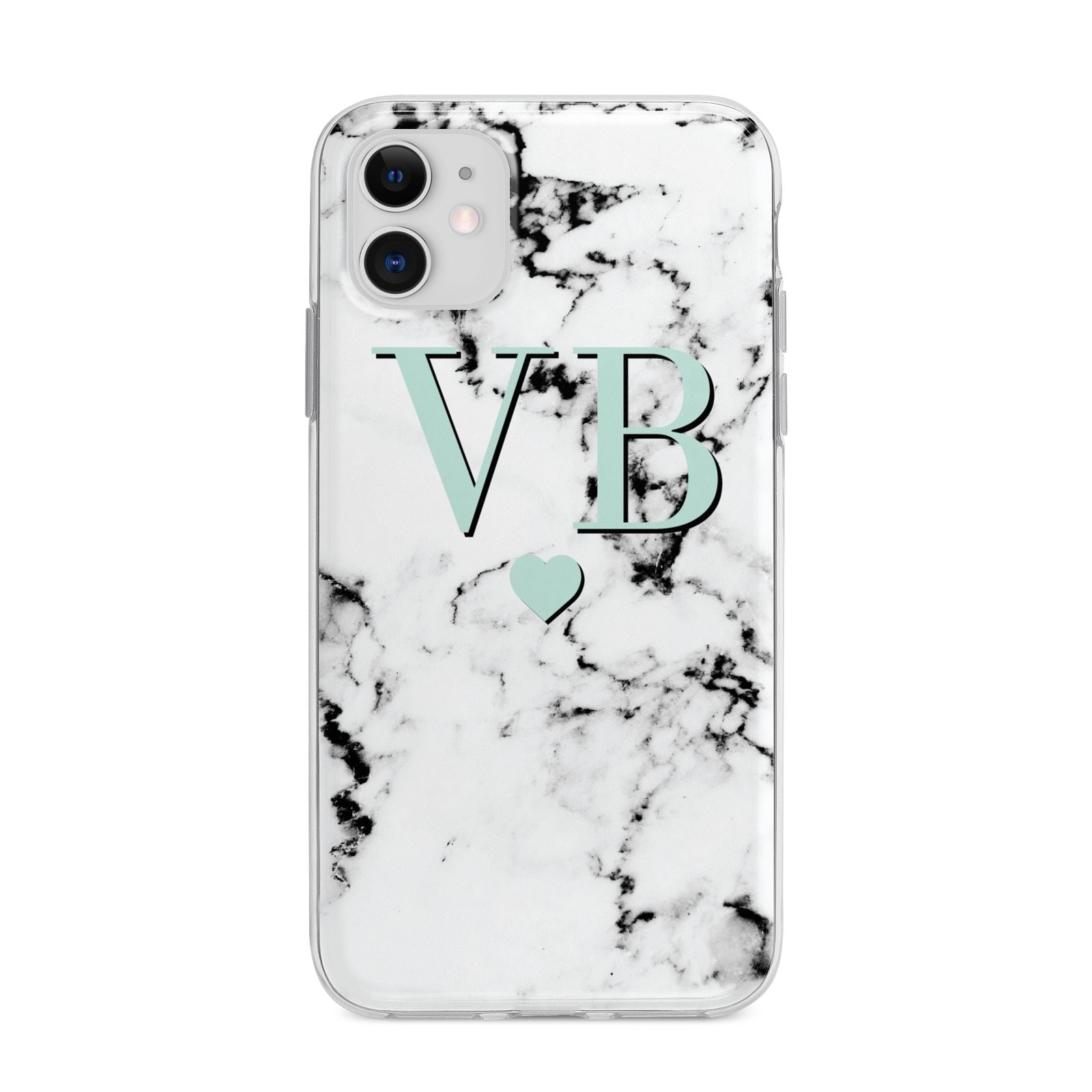 Personalised Mint Initialled Marble Heart Apple iPhone 11 in White with Bumper Case