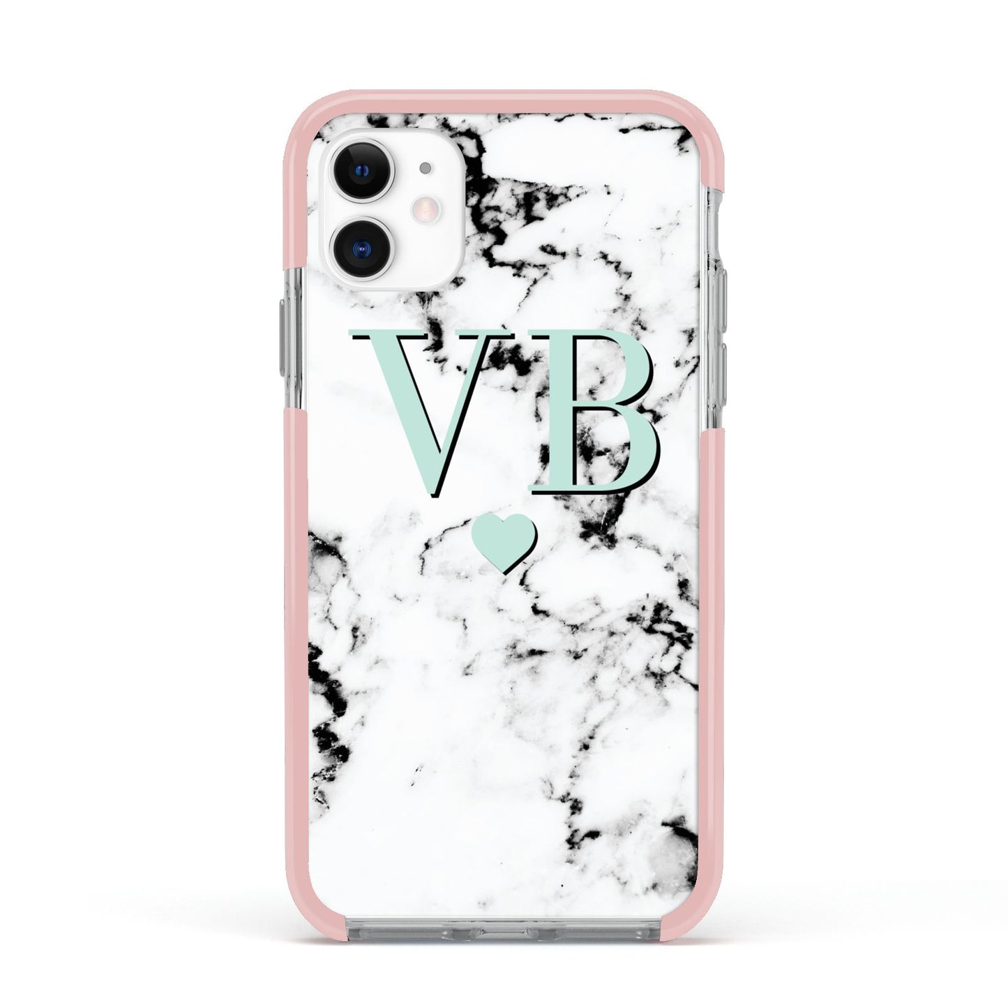 Personalised Mint Initialled Marble Heart Apple iPhone 11 in White with Pink Impact Case