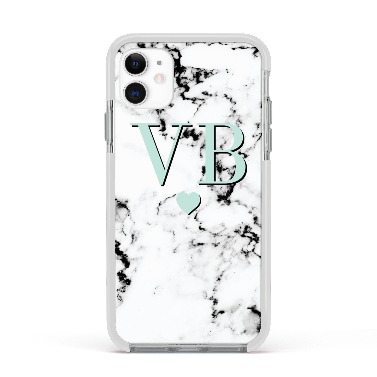 Personalised Mint Initialled Marble Heart Apple iPhone 11 in White with White Impact Case