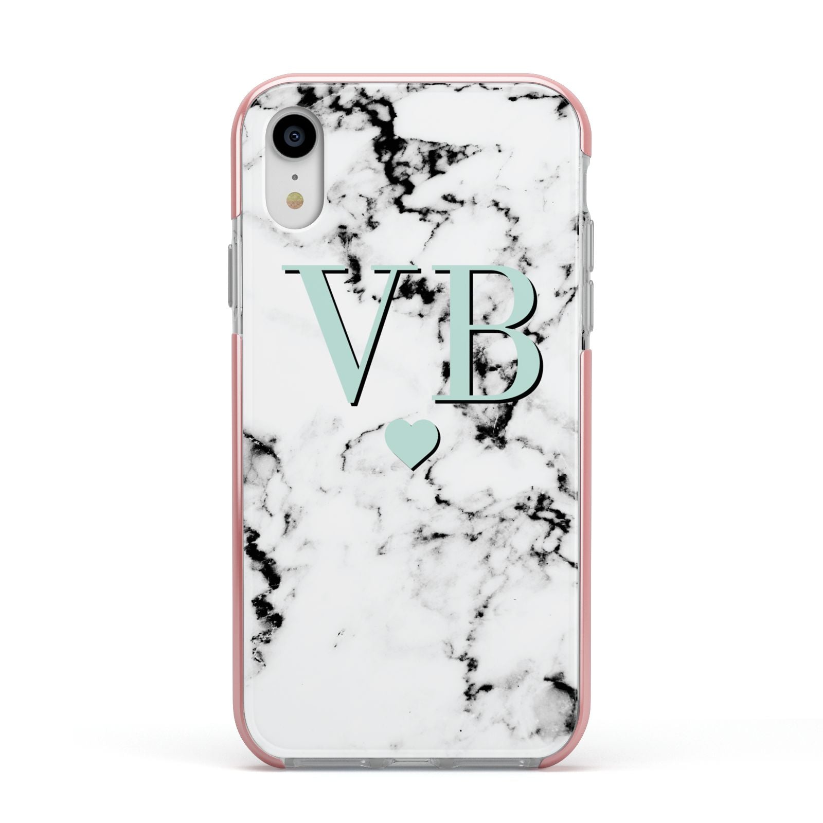 Personalised Mint Initialled Marble Heart Apple iPhone XR Impact Case Pink Edge on Silver Phone
