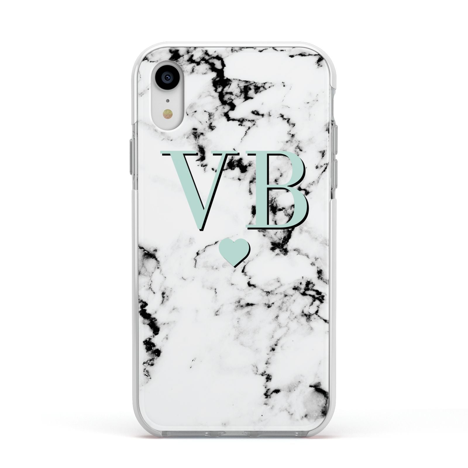 Personalised Mint Initialled Marble Heart Apple iPhone XR Impact Case White Edge on Silver Phone