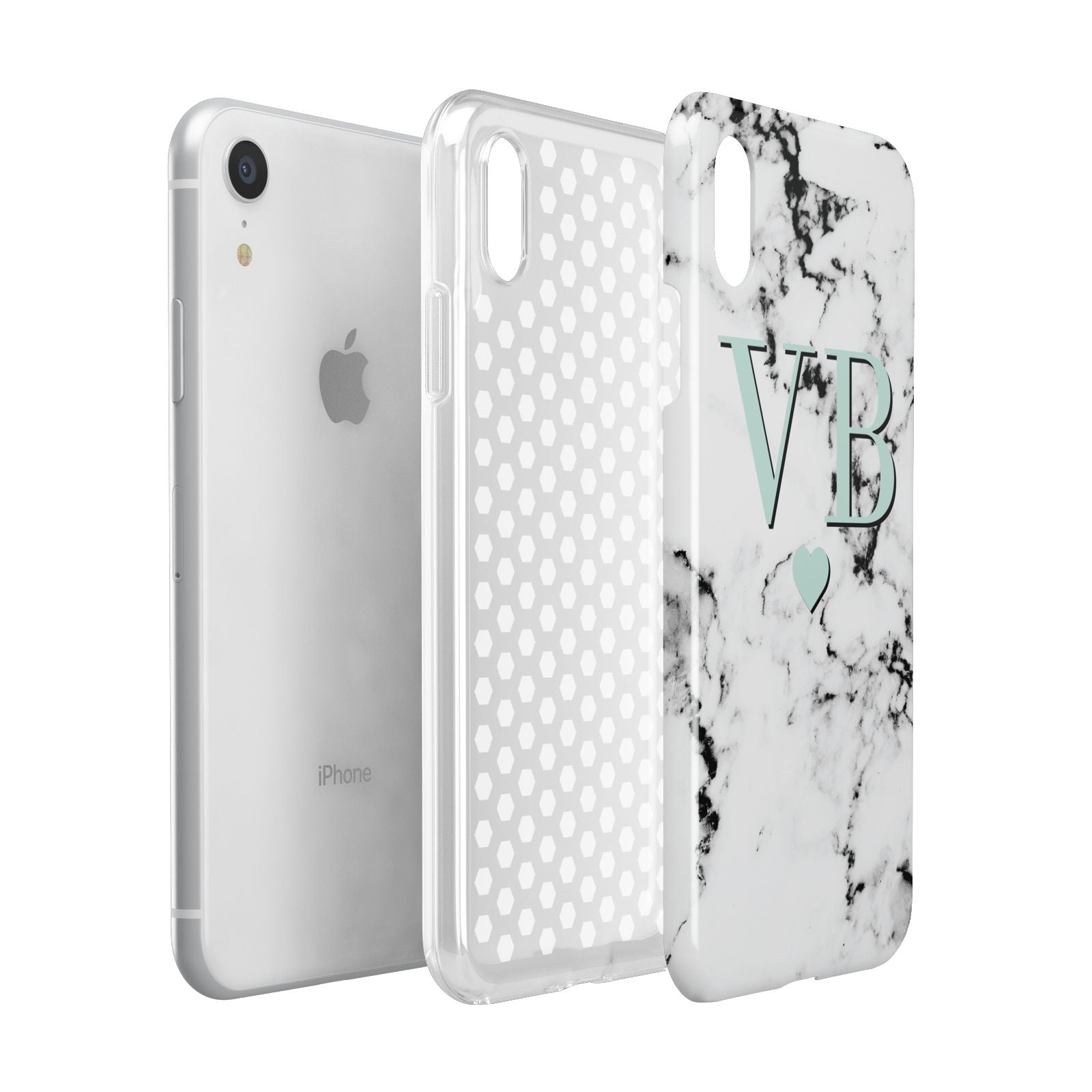 Personalised Mint Initialled Marble Heart Apple iPhone XR White 3D Tough Case Expanded view