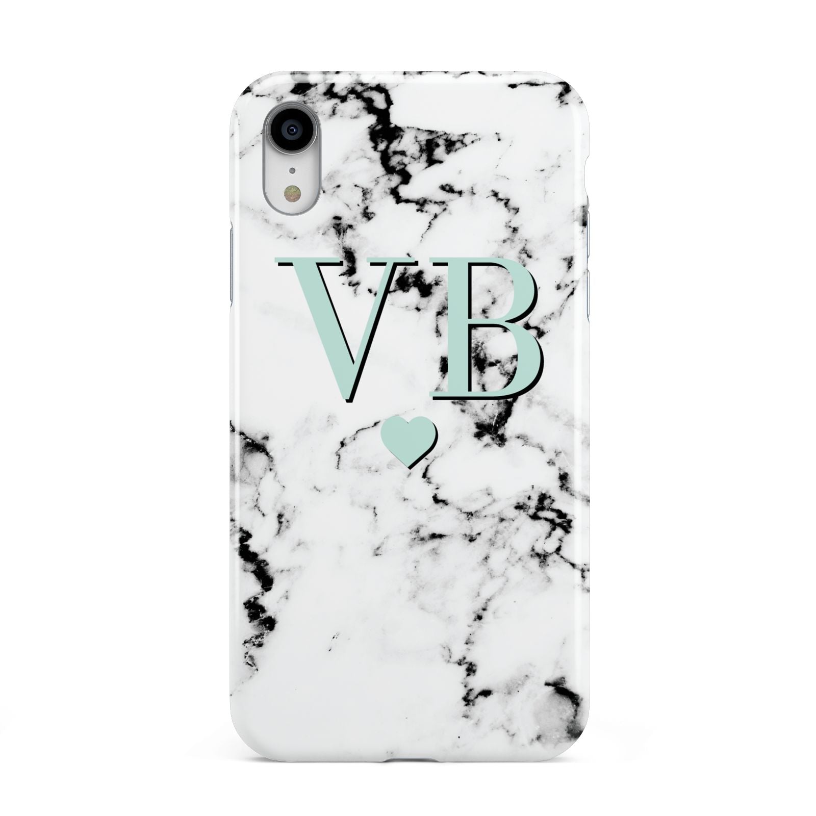 Personalised Mint Initialled Marble Heart Apple iPhone XR White 3D Tough Case