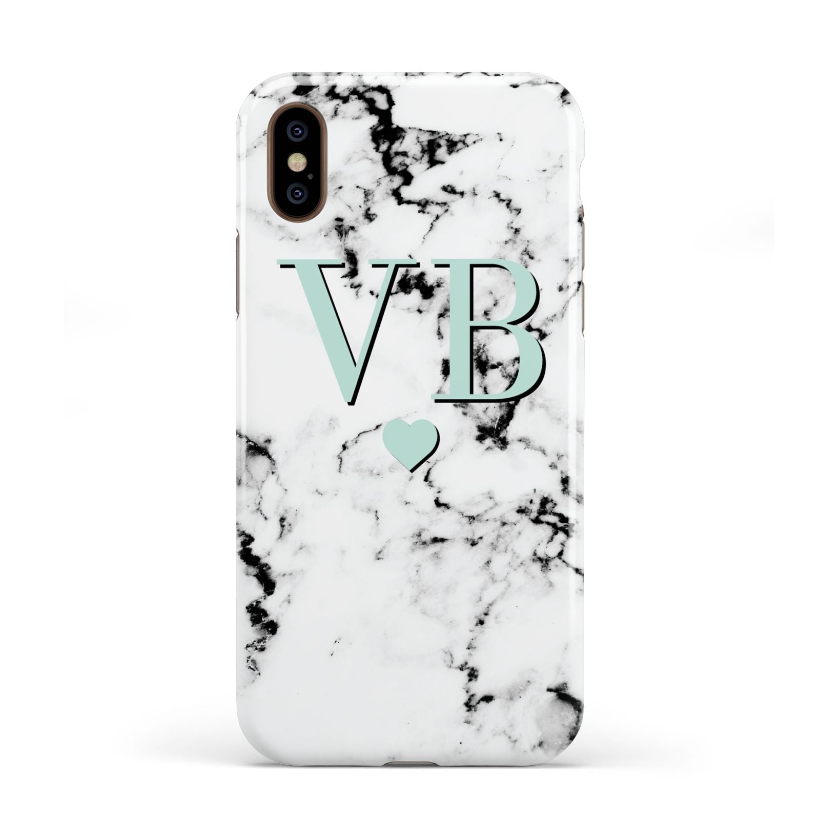 Personalised Mint Initialled Marble Heart Apple iPhone XS 3D Tough