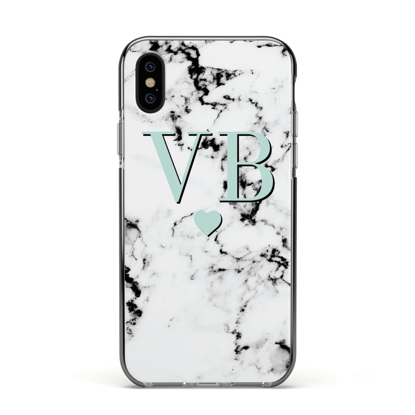 Personalised Mint Initialled Marble Heart Apple iPhone Xs Impact Case Black Edge on Black Phone