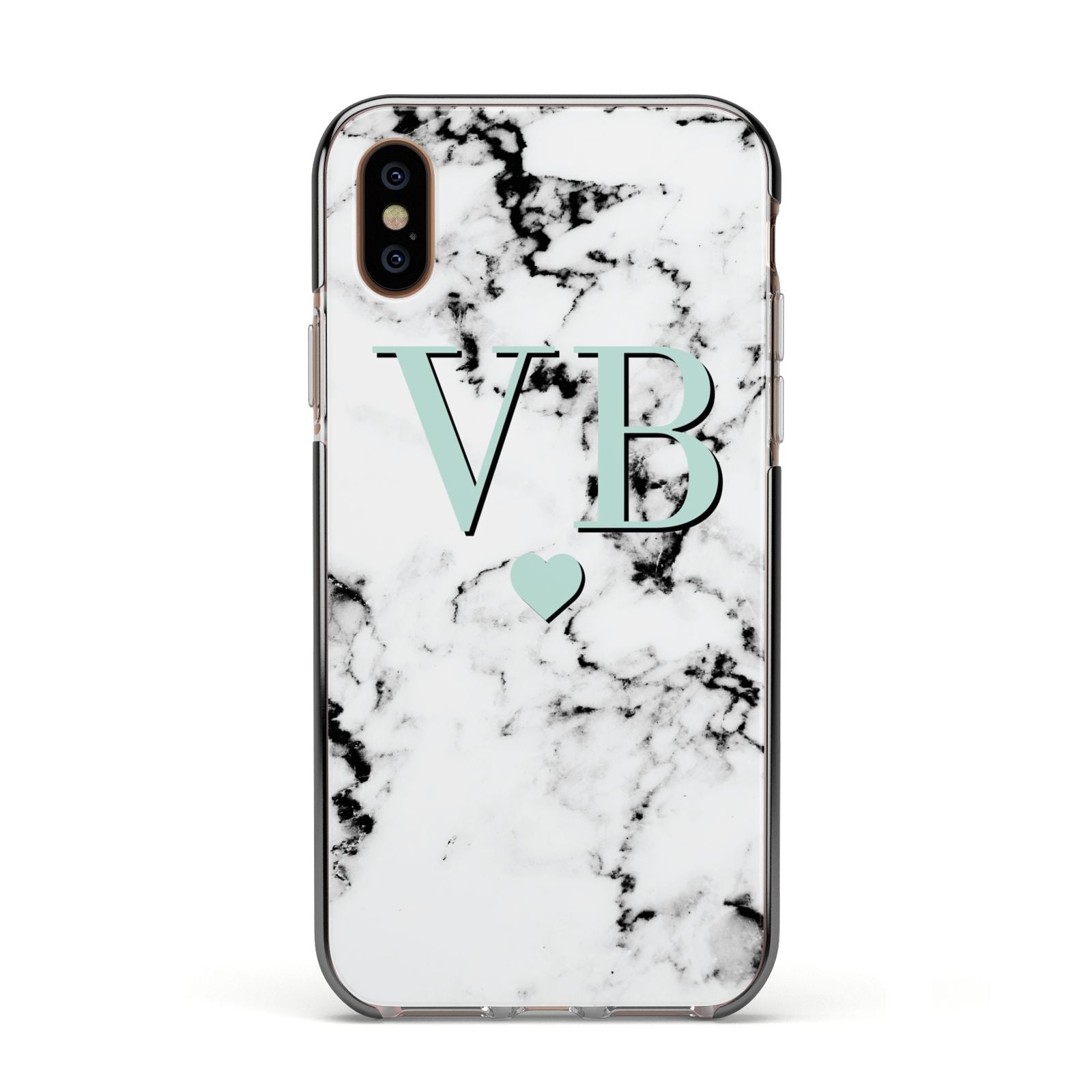 Personalised Mint Initialled Marble Heart Apple iPhone Xs Impact Case Black Edge on Gold Phone