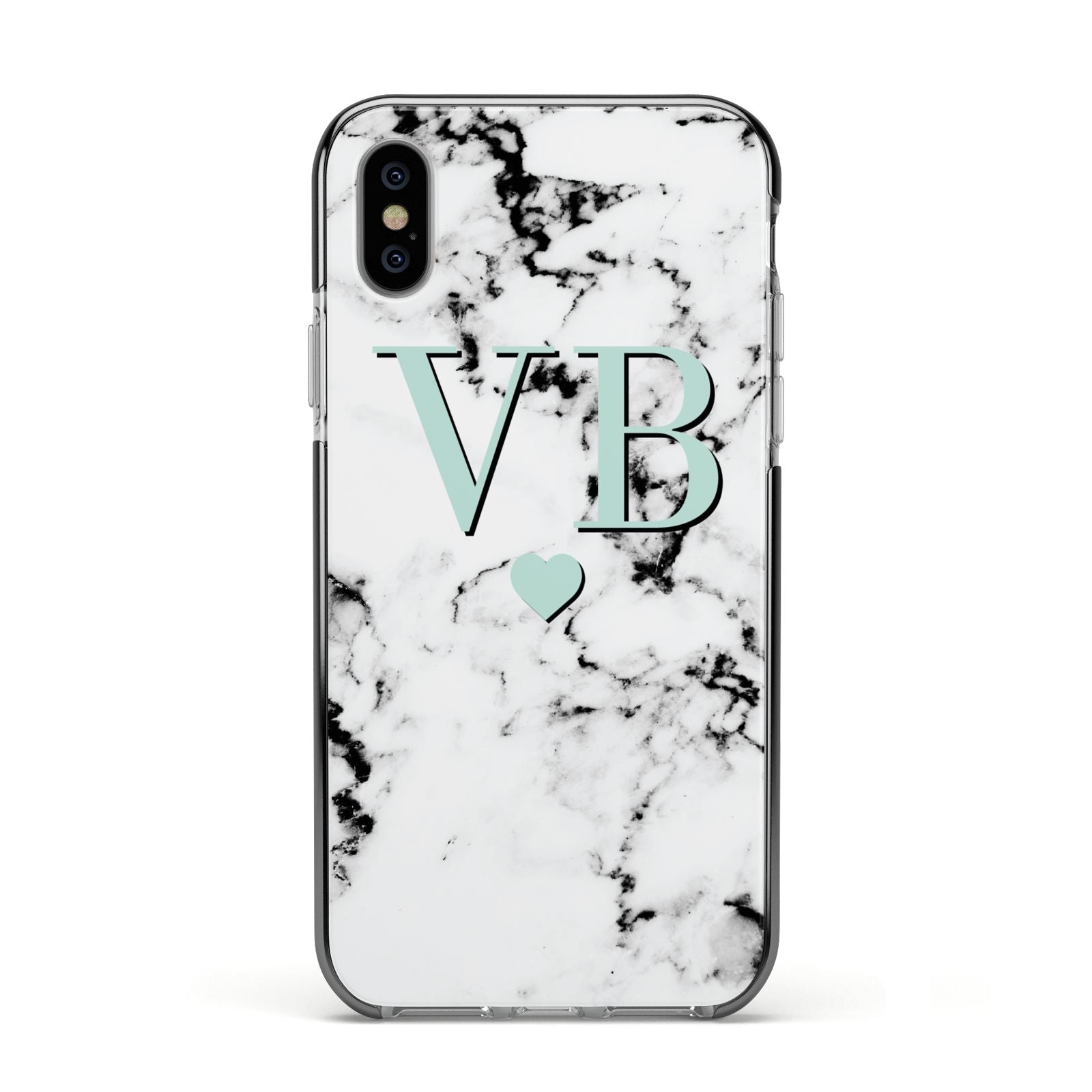 Personalised Mint Initialled Marble Heart Apple iPhone Xs Impact Case Black Edge on Silver Phone