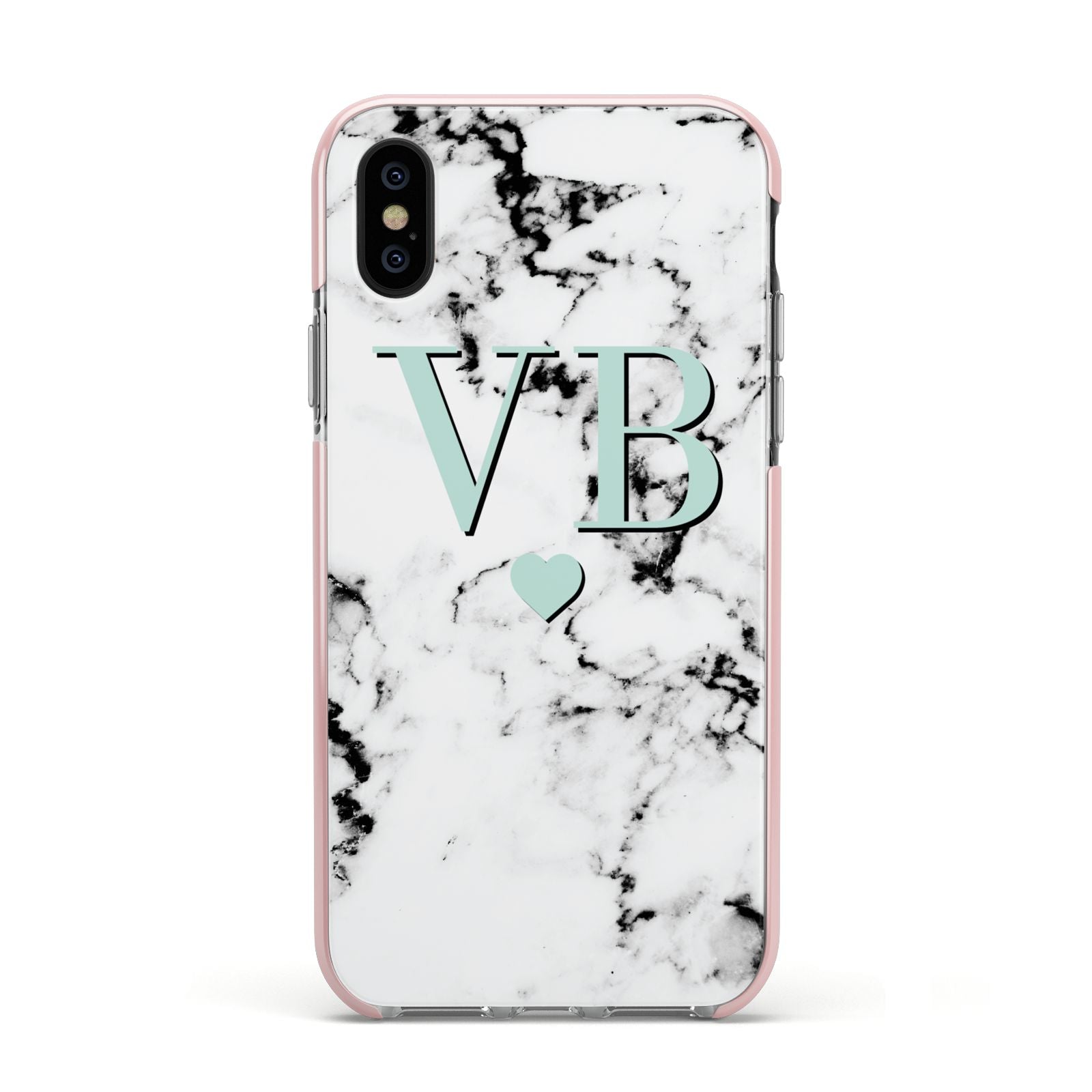 Personalised Mint Initialled Marble Heart Apple iPhone Xs Impact Case Pink Edge on Black Phone