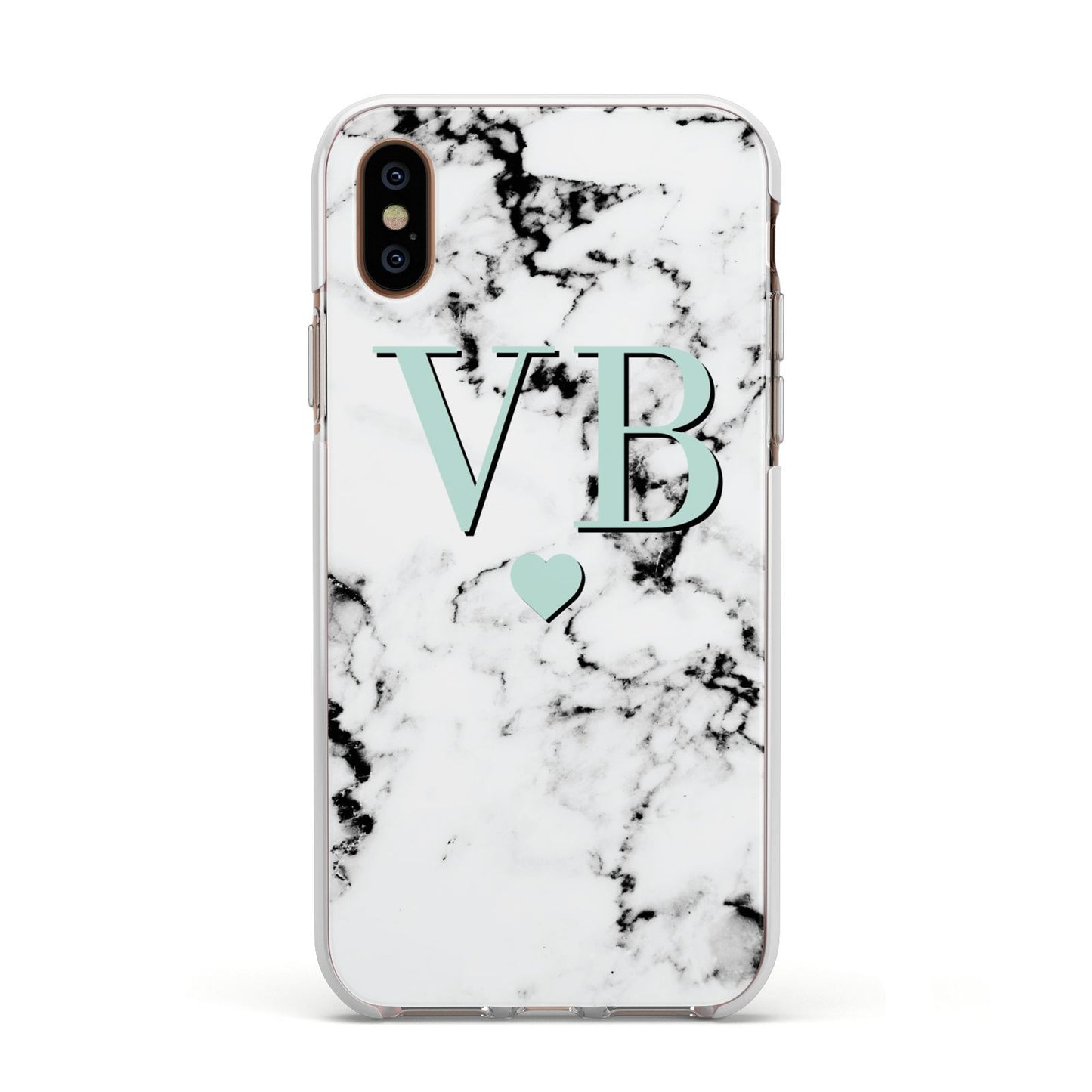 Personalised Mint Initialled Marble Heart Apple iPhone Xs Impact Case White Edge on Gold Phone