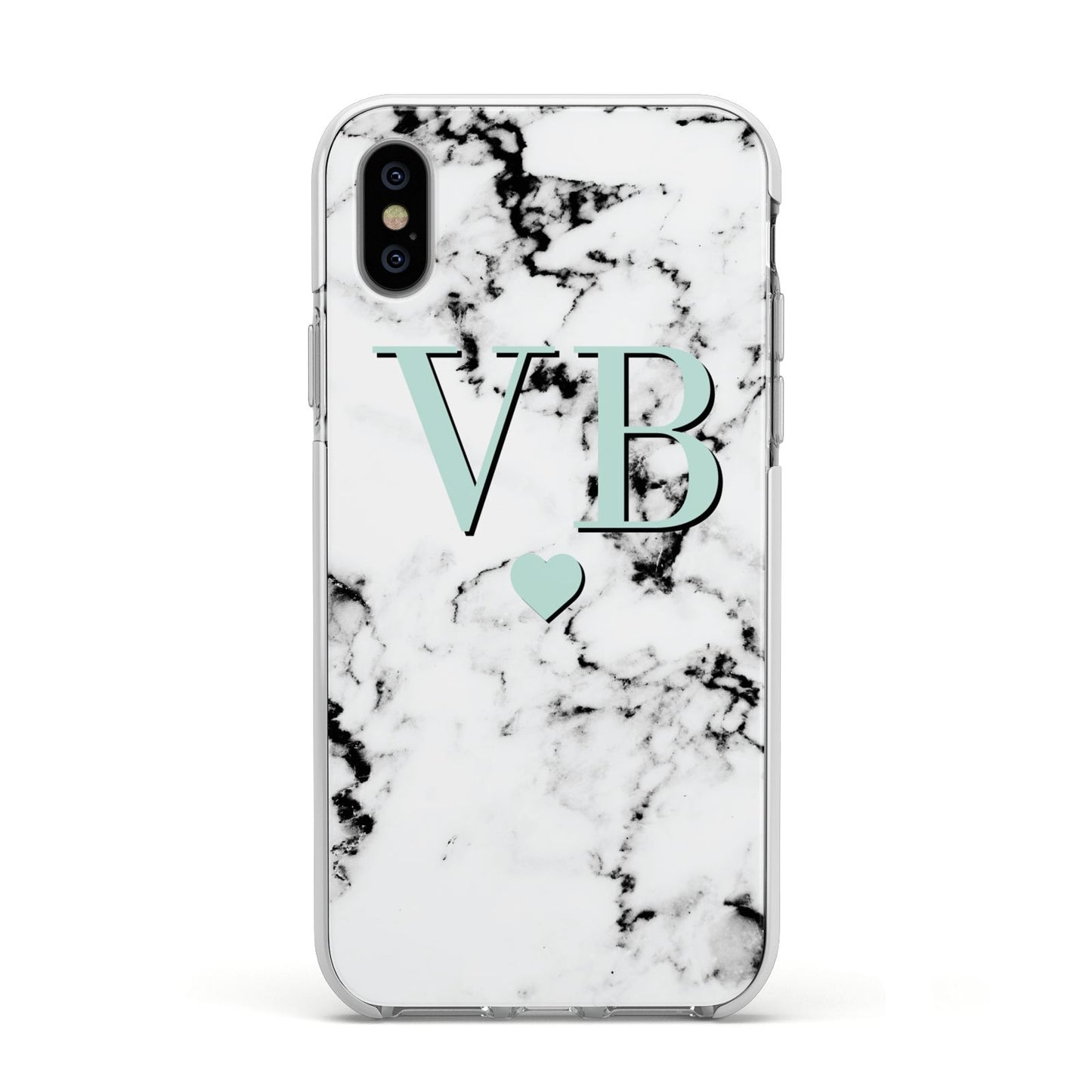 Personalised Mint Initialled Marble Heart Apple iPhone Xs Impact Case White Edge on Silver Phone